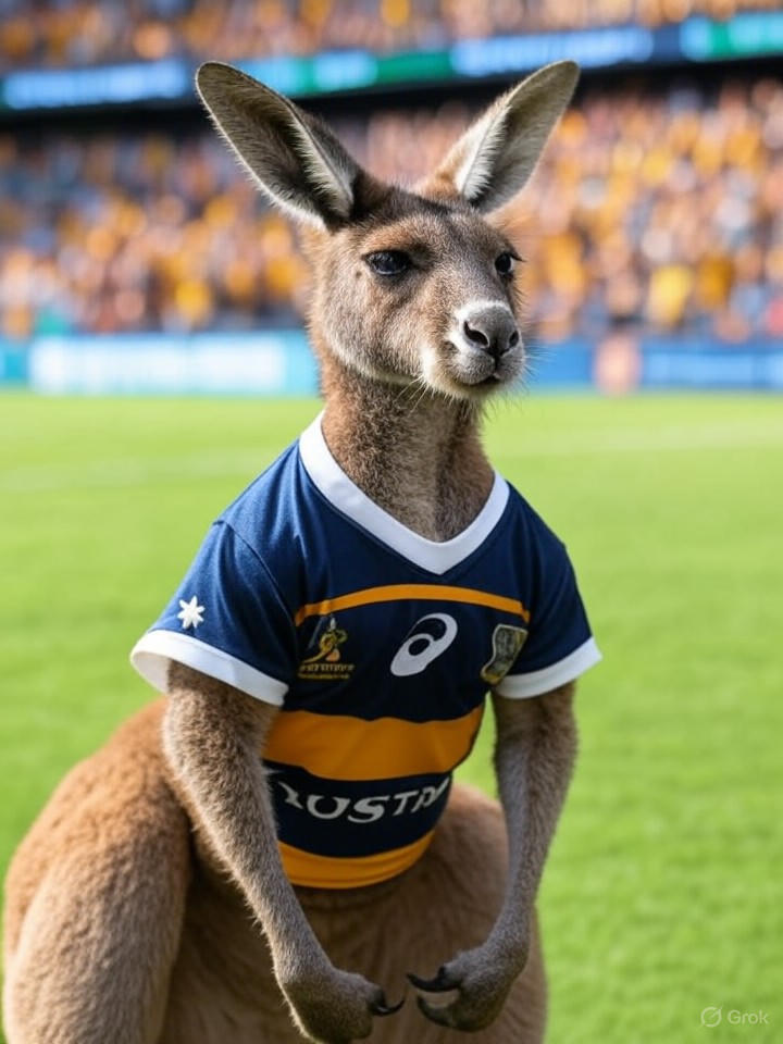 Image that is a representation of Escaped Kangaroo Joins Australian Rugby Team, Scores Winning Try with Epic Bounce