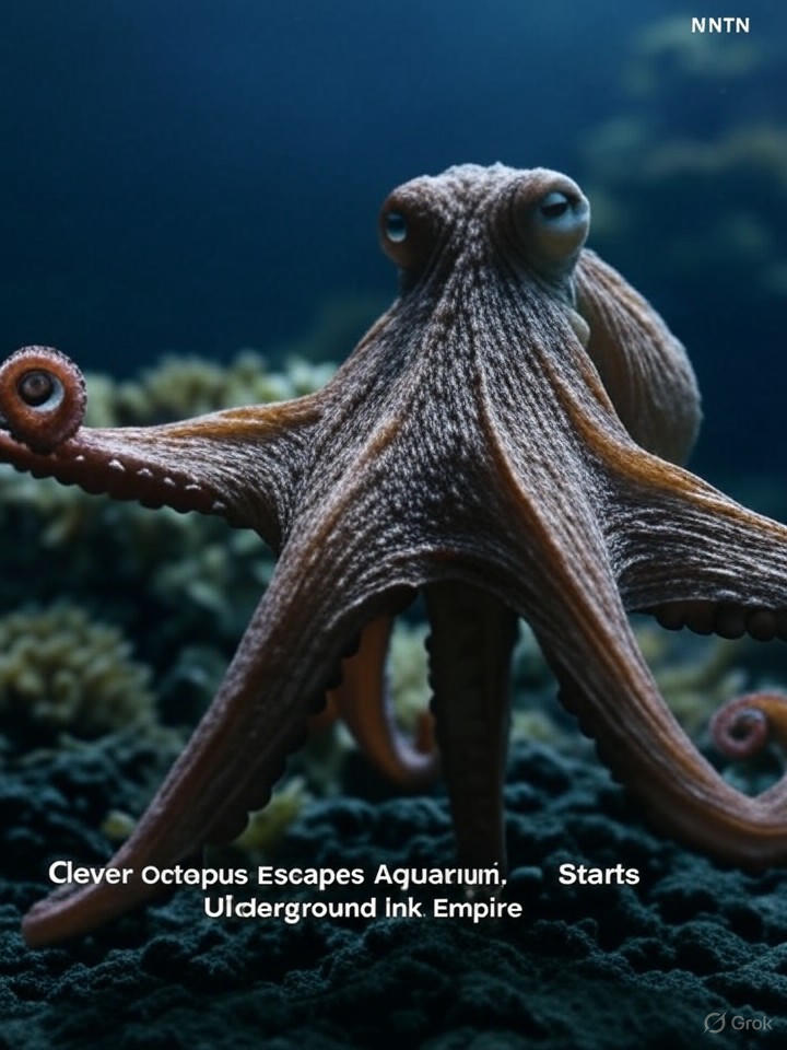 Image that is a representation of Clever Octopus Escapes Aquarium, Starts Underground Ink Empire